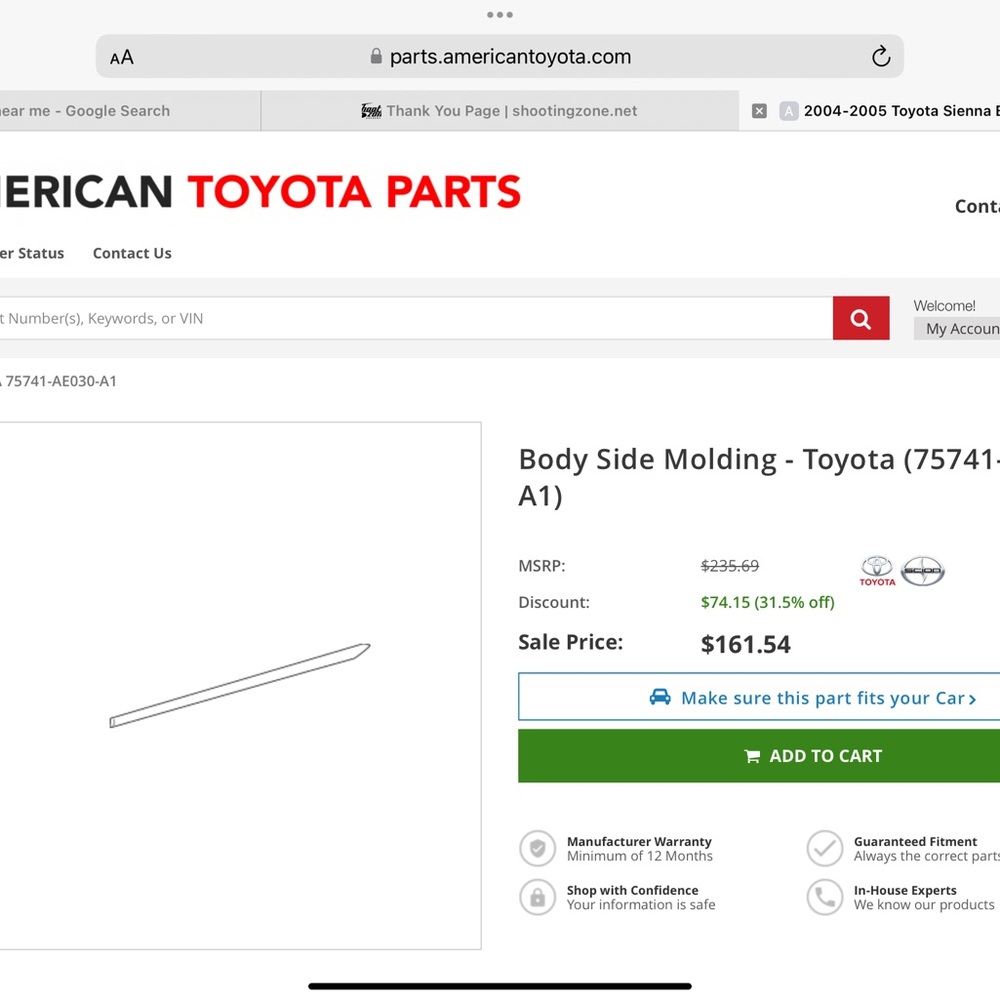 Toyota Sienna Right Rear Door Moulding New in Box 75741-AE030-AI
